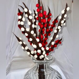NEW! Decorative Red and White Felt Pom Pom Branches